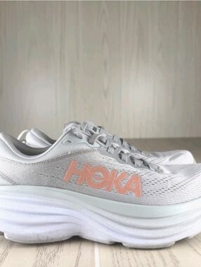 Hoka Women's Gray Running Shoes with Coral Logo Habor Mist/Lunar Rock